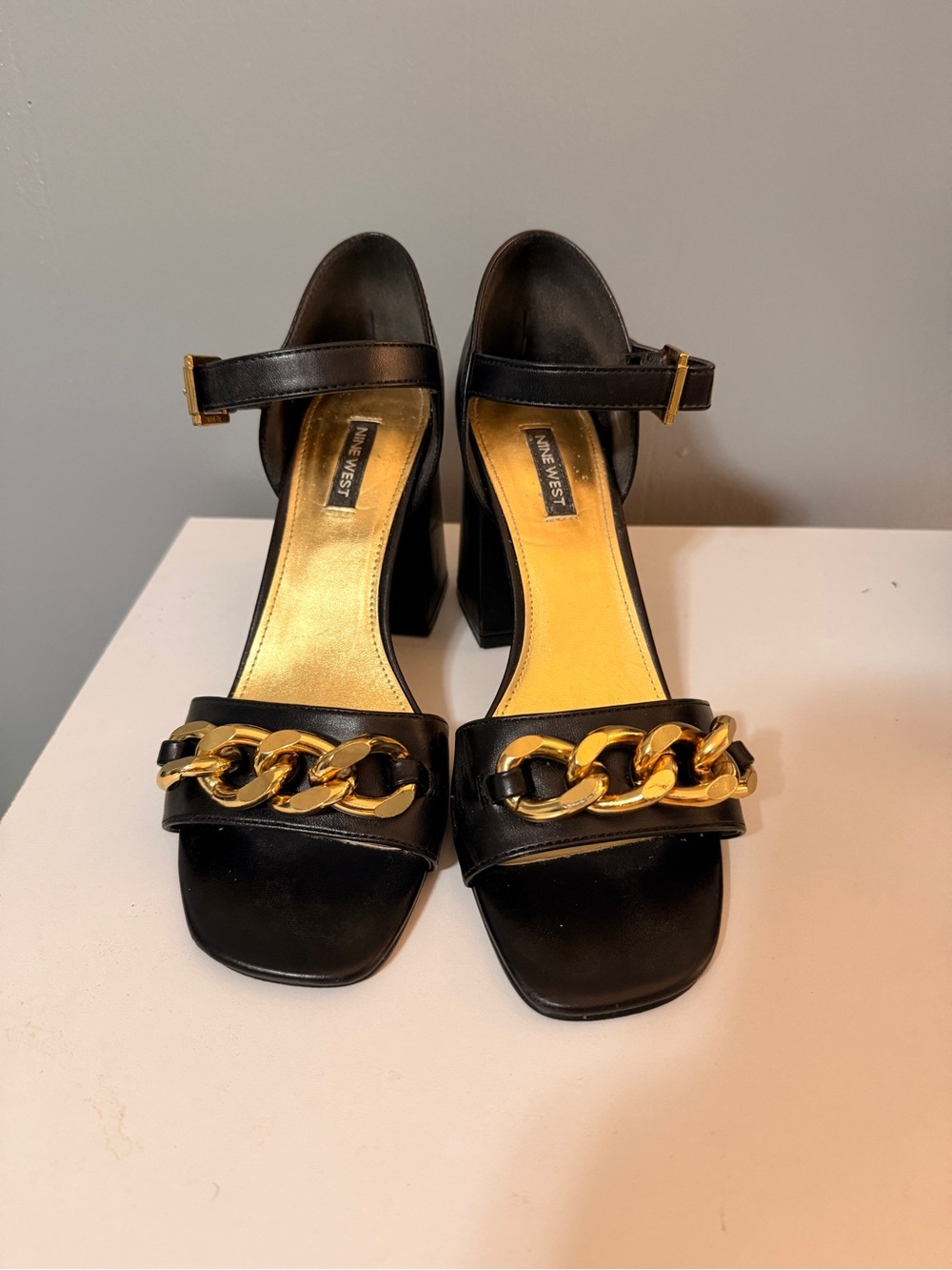 Nine West Black Leather Block Heel Sandals with Bold Gold Chain